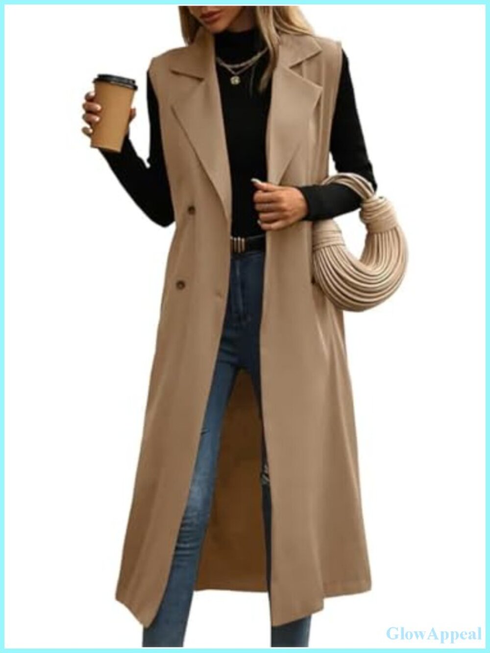 Womens Long Vest Double Breasted Sleeveless Trench Coat Blazer Jacket